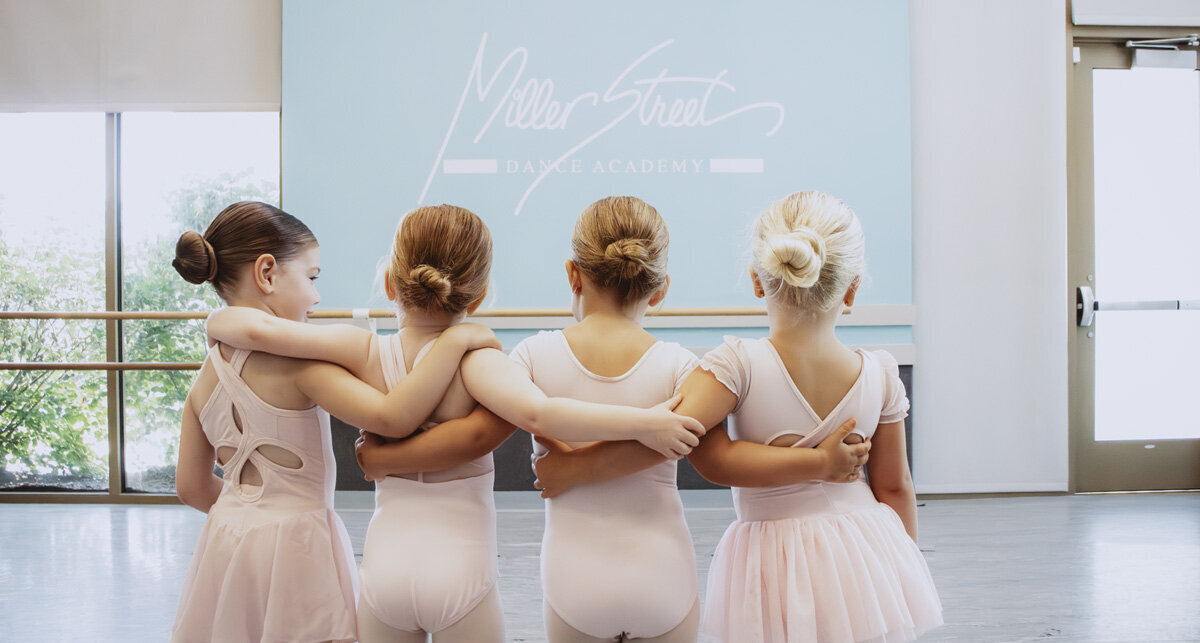 Young dancers lined up together during Snowflake Spectacular at Miller Street Dance Academy